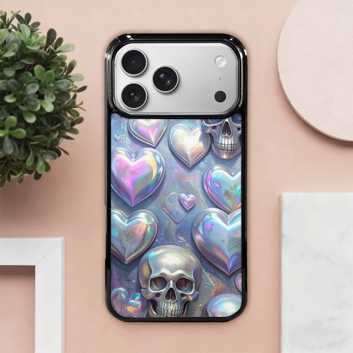 iPhone 17 Pro Max Case — Iridescent Hearts Skull Gothic Skulls, Customized Protective Case