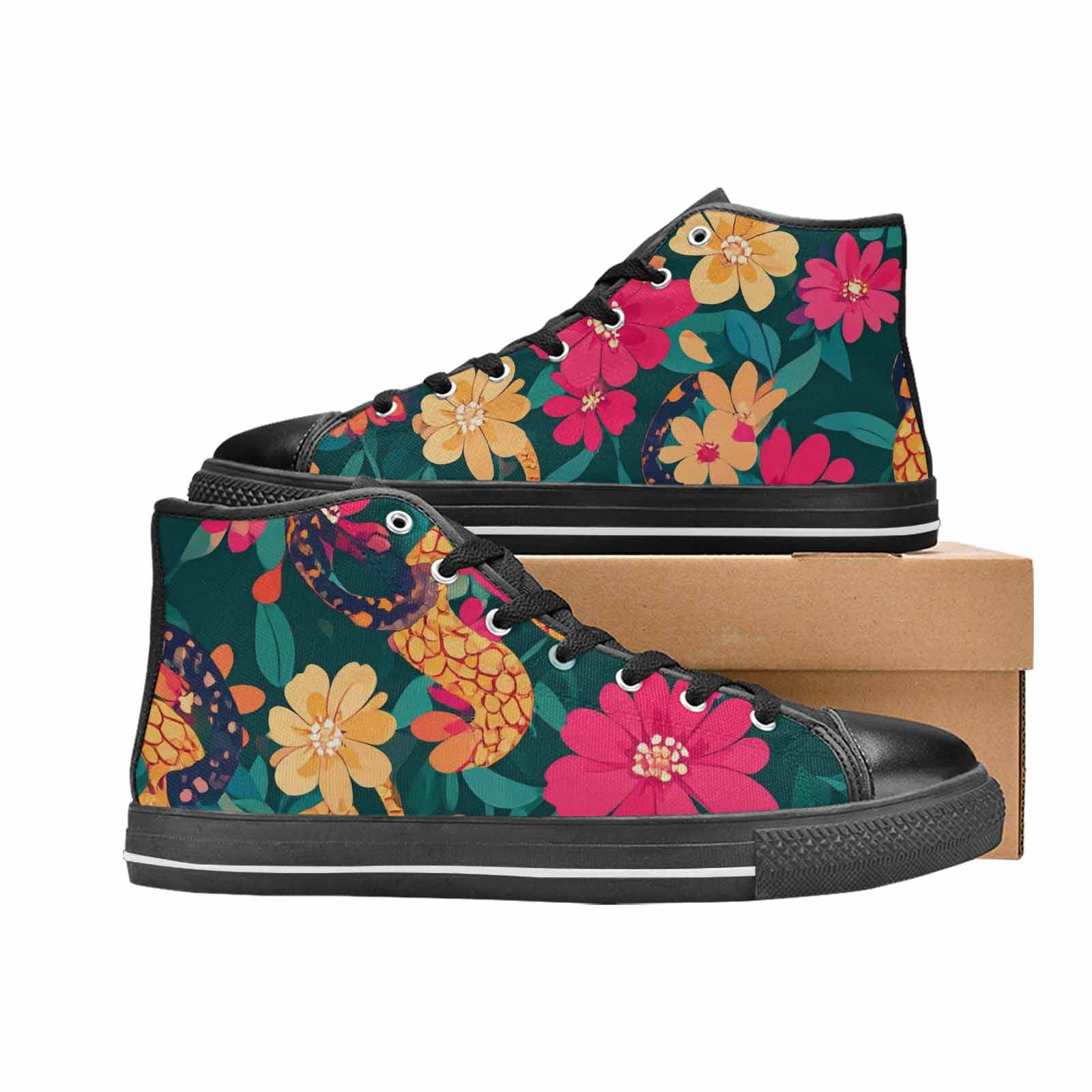MEN'S Floral Snake Print High Top Canvas Wallpaper Art Sneakers