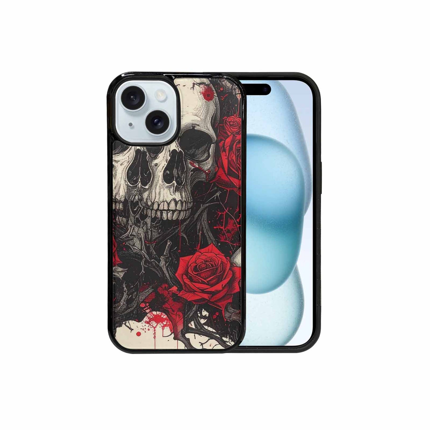 iPhone 15 Case — Skull And Roses Black Red Ink, Custom Made Phone Cover
