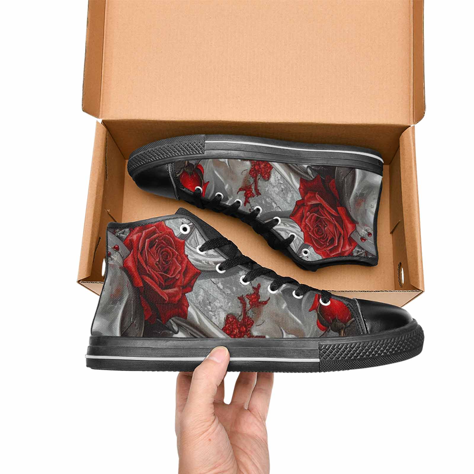 WOMEN'S Skulls Roses Chrome Airbrush High Top Canvas Wallpaper Art Custom Sneakers