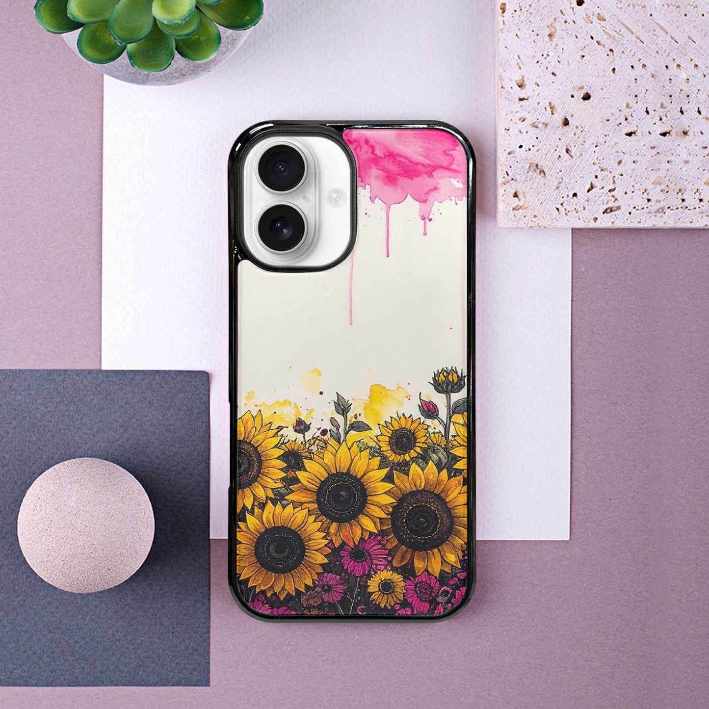 iPhone 16 Case — Sunflower Burst Black Pink Ink Sunflowers, Customized Protective Case