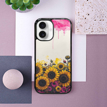 iPhone 16 Case — Sunflower Burst Black Pink Ink Sunflowers, Customized Protective Case