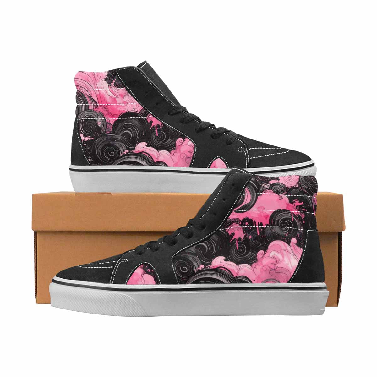 WOMEN'S Van Gogh Black & Pink Ink High Top Canvas One Of A Kind Surreal Custom Art Shoes
