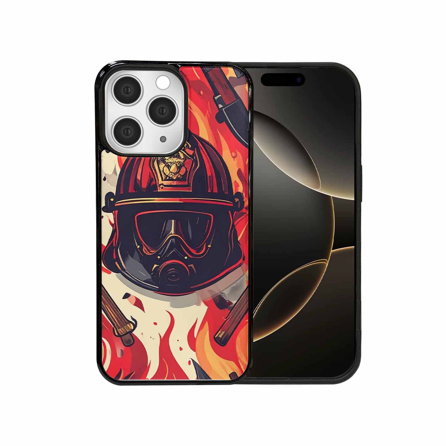 iPhone 15 Pro Max Case — Firefighter Pattern Flames Axes Helmets Seamless, Custom Phone Case