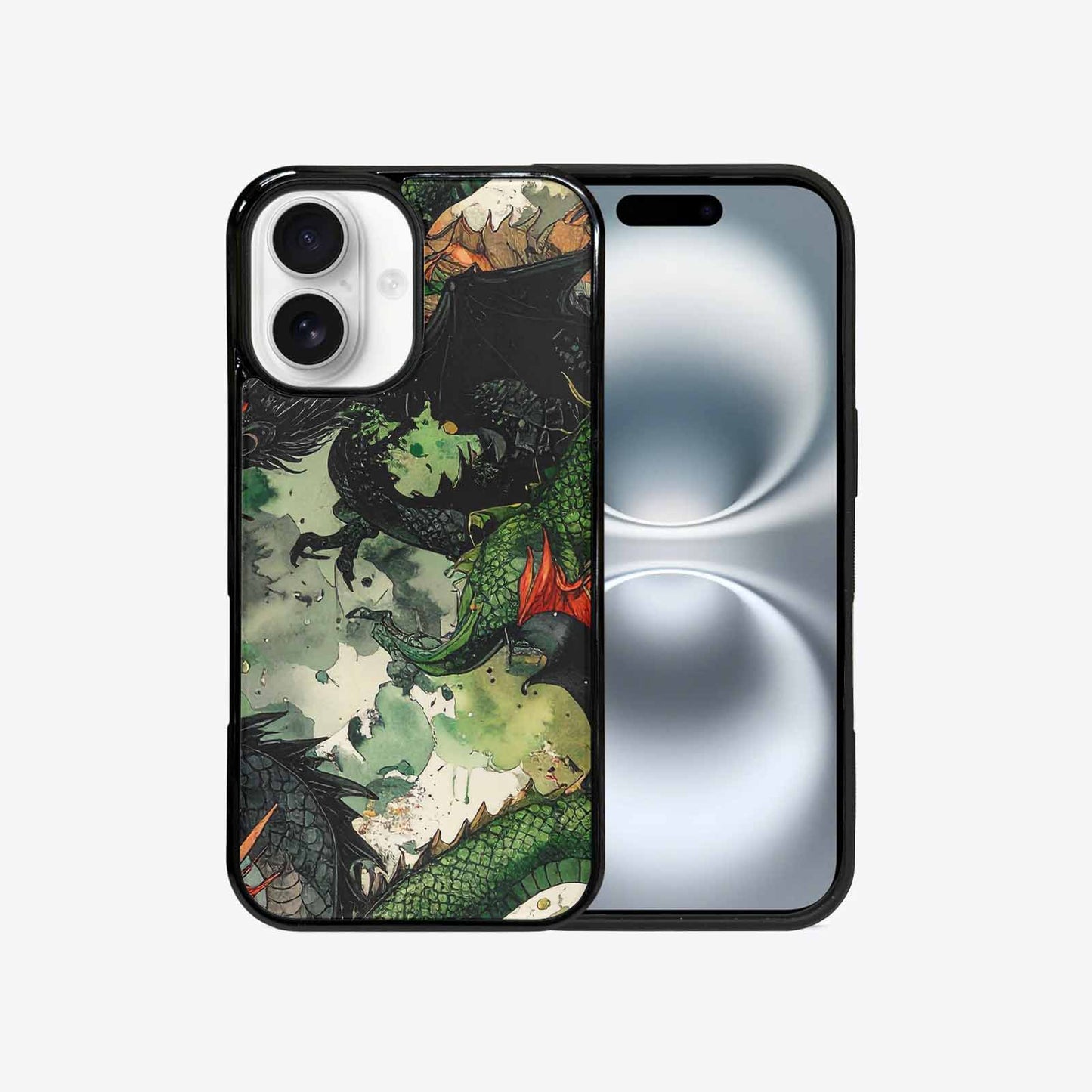 iPhone 16 Case — Dragon Scale Black Green Ink Dragons, Custom Designed Case Cover