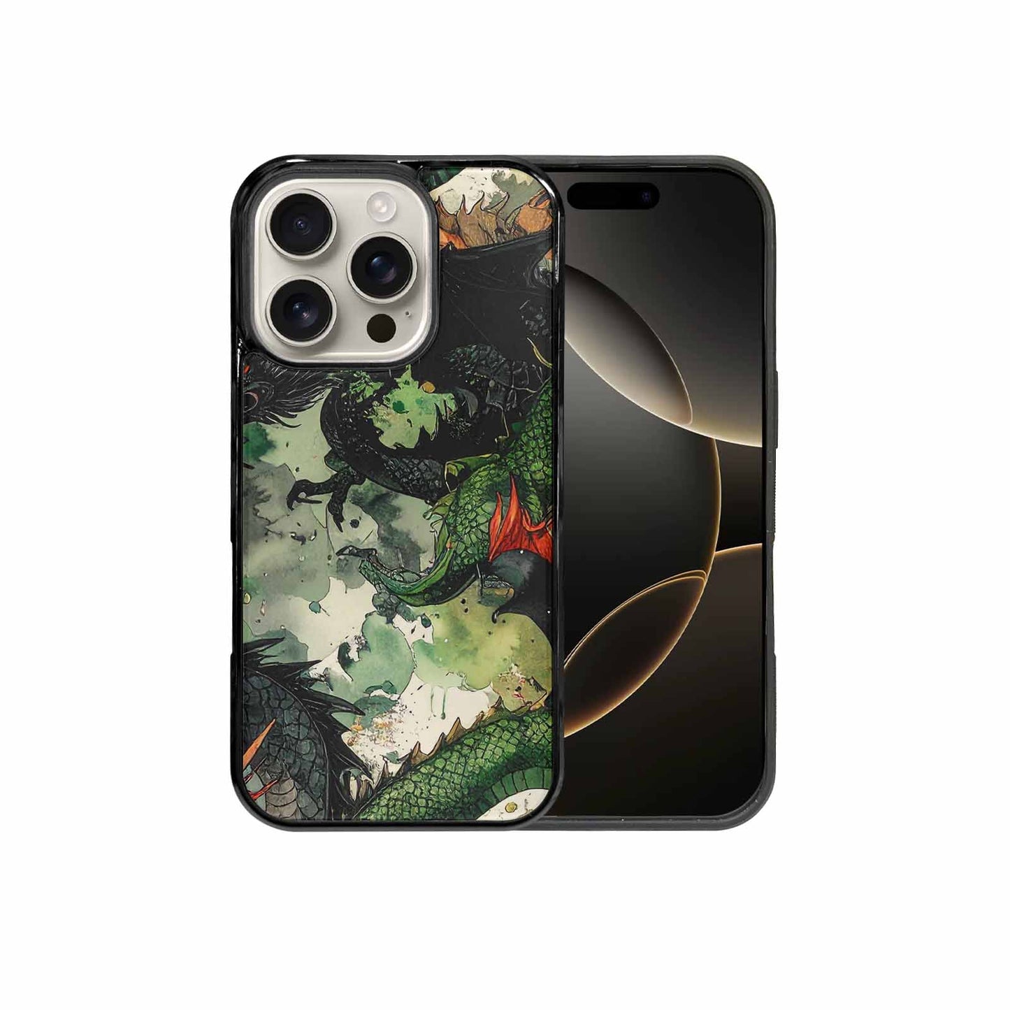 iPhone 16 Pro Case — Dragon Scale Black Green Ink Dragons, Unique Phone Case Design