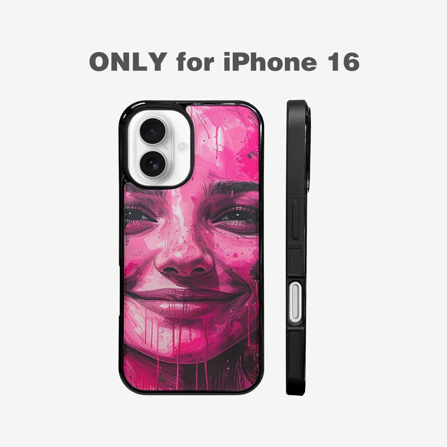 iPhone 16 Case — Melting Moon Smiley Black Pink Ink, Customized Protective Case
