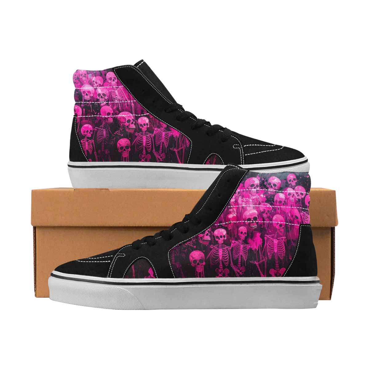 MEN'S Skulls Neon Pink Glow High Top Canvas Personalized Wallpaper Art Custom Streetwear Shoes