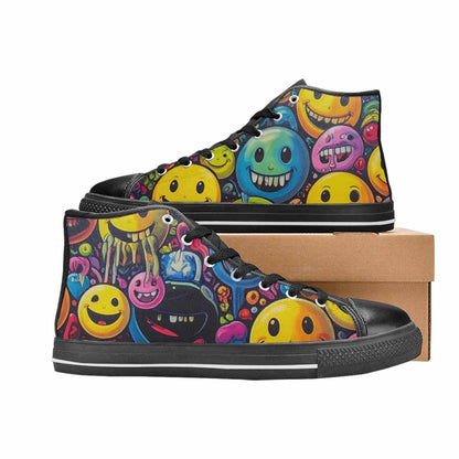 MEN'S Yellow Smiley Face High Top Canvas Neon Fantasy Shoes