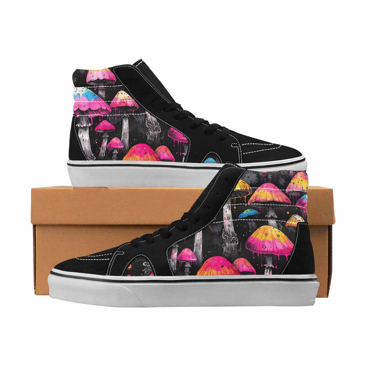 MEN'S Mushrooms Black & Pink Ink High Top Canvas Wearable Art Melting Art Custom Shoes
