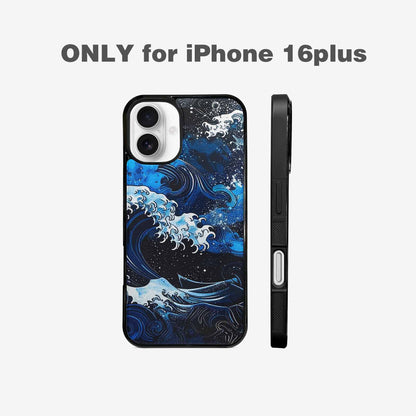 iPhone 16 Plus Case — Nautical Wave Black Blue Ink Wave, Custom Printed Phone Case
