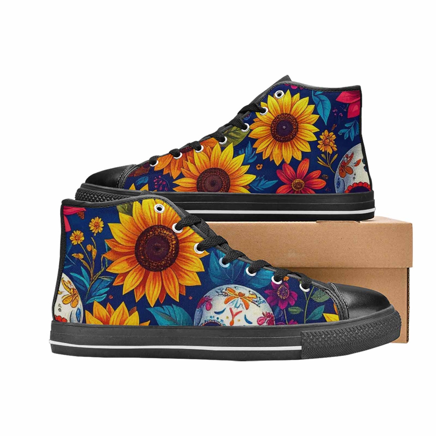 MEN'S Sunflower Skulls Print High Top Canvas Neon Fantasy Custom Shoes