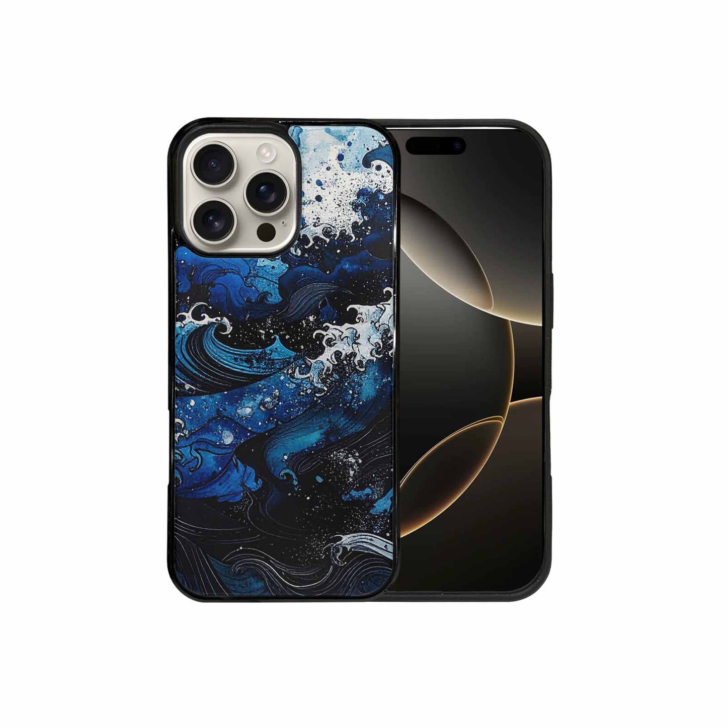iPhone 16 Pro Max Case — Nautical Wave Black Blue Ink Wave, Original Design Phone Case