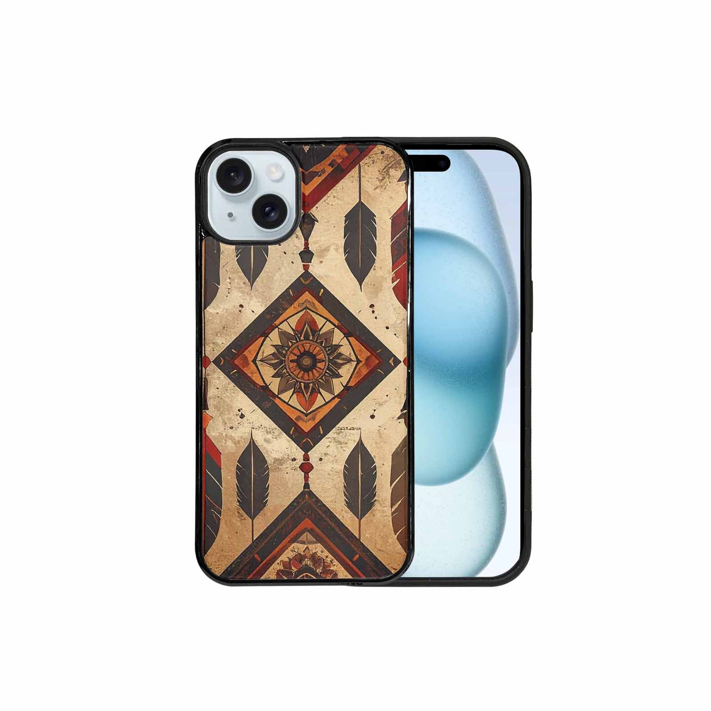 iPhone 15 Plus Case — Native American Geometric Pattern Arrows Feathers, Custom Print Case Cover