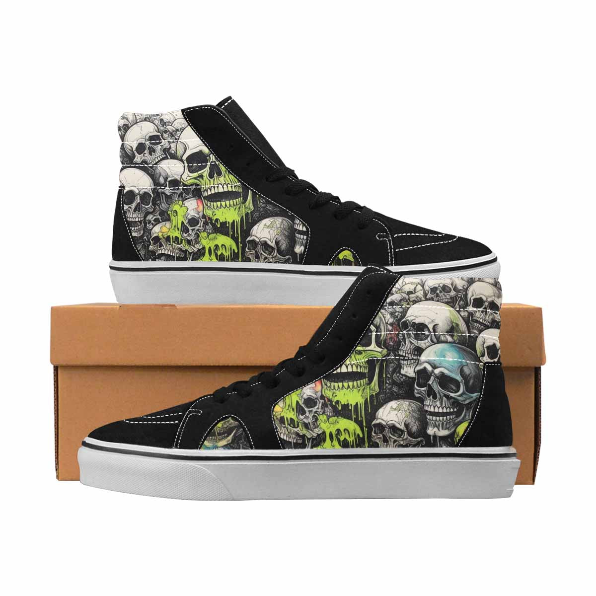 MEN'S Skulls Black & Green Ink High Top Canvas Custom Design Melting Art Limited Edition Sneakers
