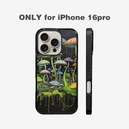 iPhone 16 Pro Case — Rainbow Drip Mushrooms Black Green Ink, Customized Protective Case