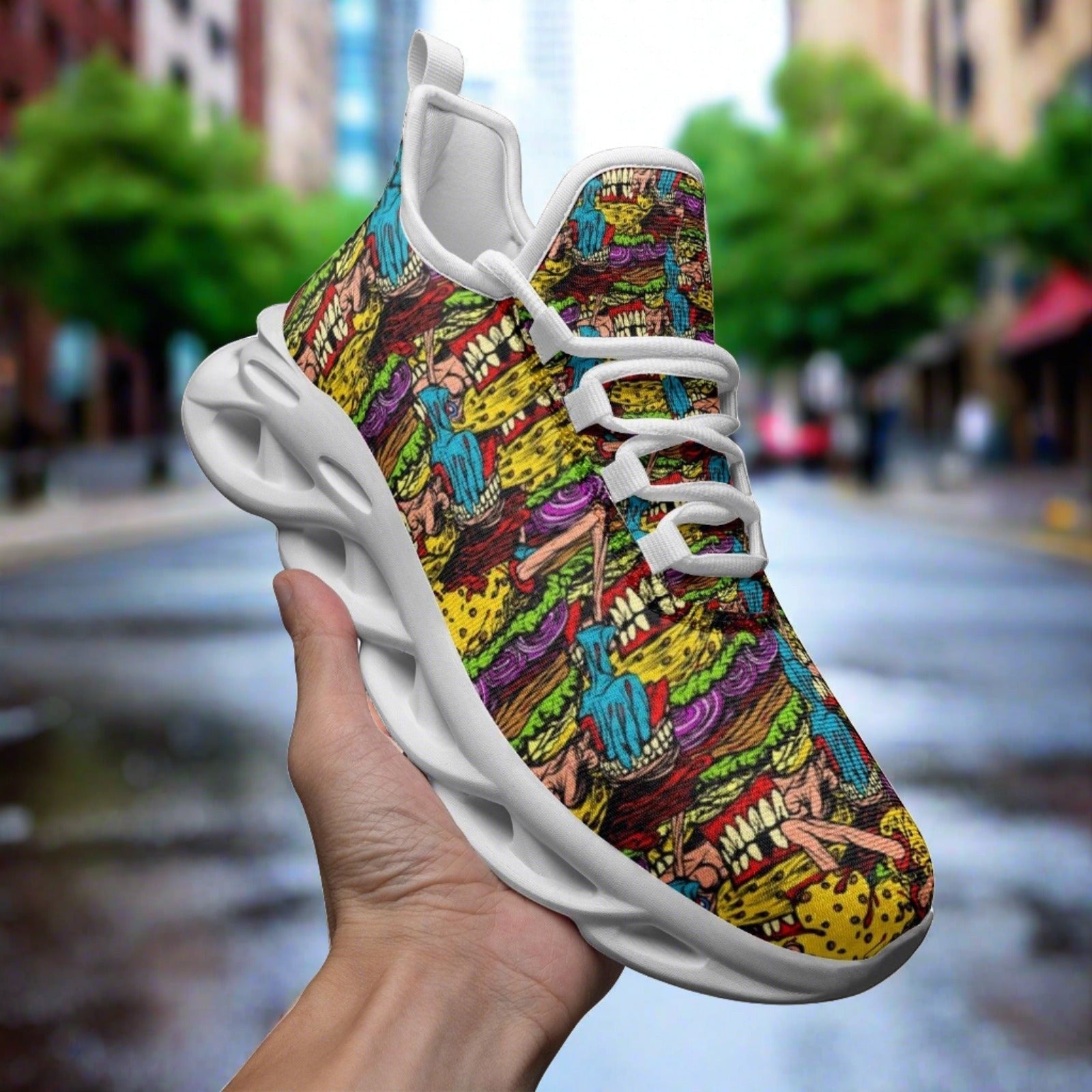 Custom Cheeseburger Monster high-top canvas shoes with bold all-over art — Freaky Shoes