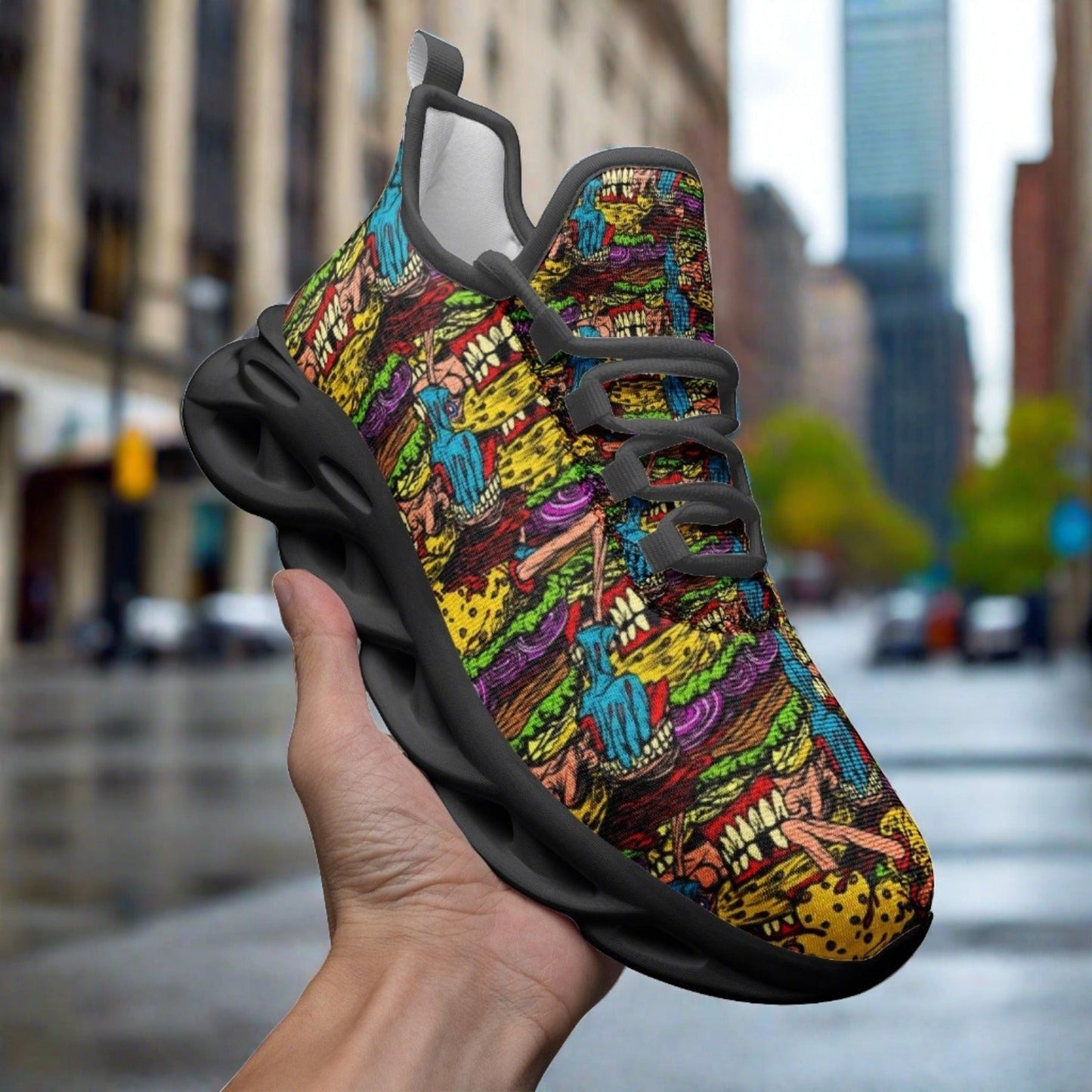 Cheeseburger Monster hand-made high-top canvas shoes — unique wearable art by Freaky Shoes