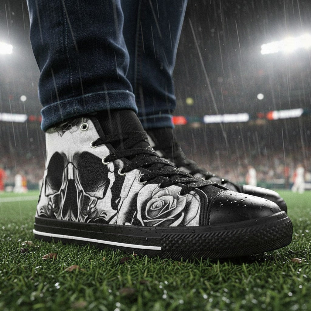 Women's Grey Skull & Roses Black & White high-top canvas shoes — one-of-a-kind custom printed art, Freaky Shoes
