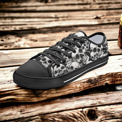 Skulls Mania hand-made high-top canvas shoes — unique wearable art by Freaky Shoes