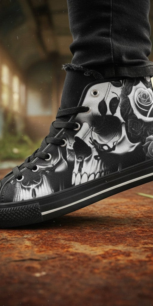 Men's Greyscale Skulls & Roses Black & White custom high-top canvas shoes — wearable art by Freaky Shoes