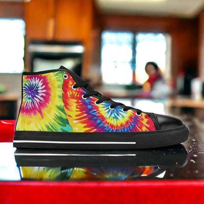 Women's Tie Dye Love custom high-top canvas shoes — wearable art by Freaky Shoes