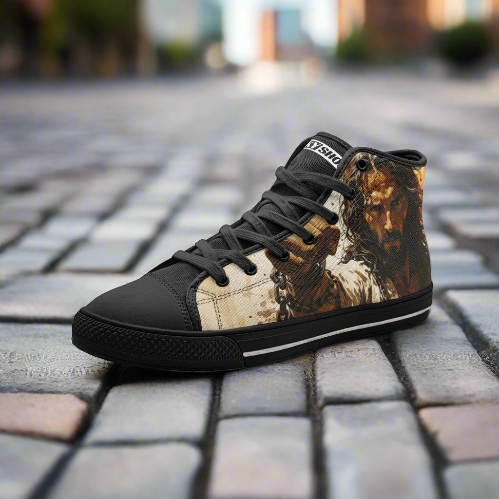 Jesus Unisex high-top canvas shoes, custom full-wrap printed design — Freaky Shoes