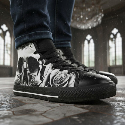 Women's Grey Skull & Roses Black & White custom high-top canvas shoes — wearable art by Freaky Shoes