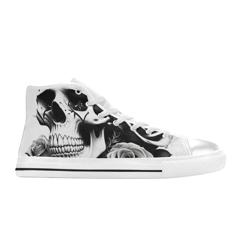 Freaky Shoes custom art sneakers with black and white skull and rose design, made to order