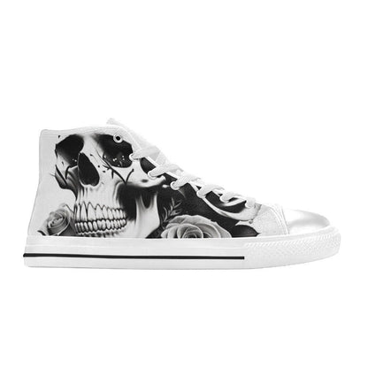 Freaky Shoes custom art sneakers with black and white skull and rose design, made to order