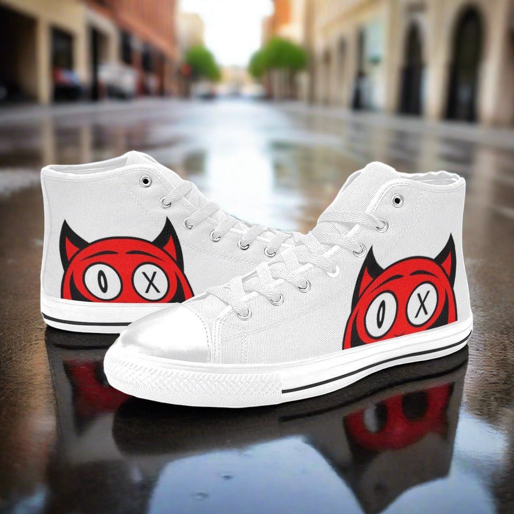 Custom Women's Devil high-top canvas shoes with bold all-over art — Freaky Shoes