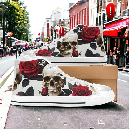 Women's Skulls Roses Deluxe custom high-top canvas shoes — wearable art by Freaky Shoes