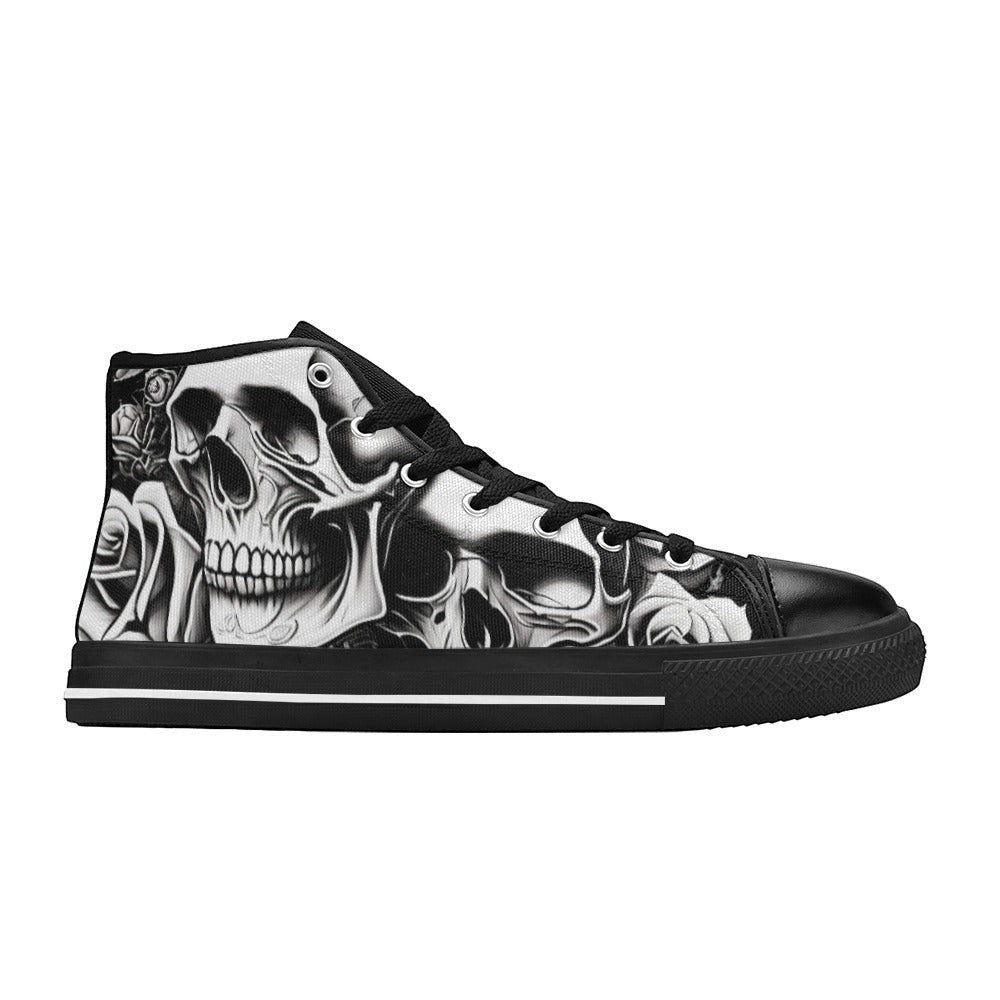 Freaky Shoes custom art sneakers with black and white skull art, made to order wearable art