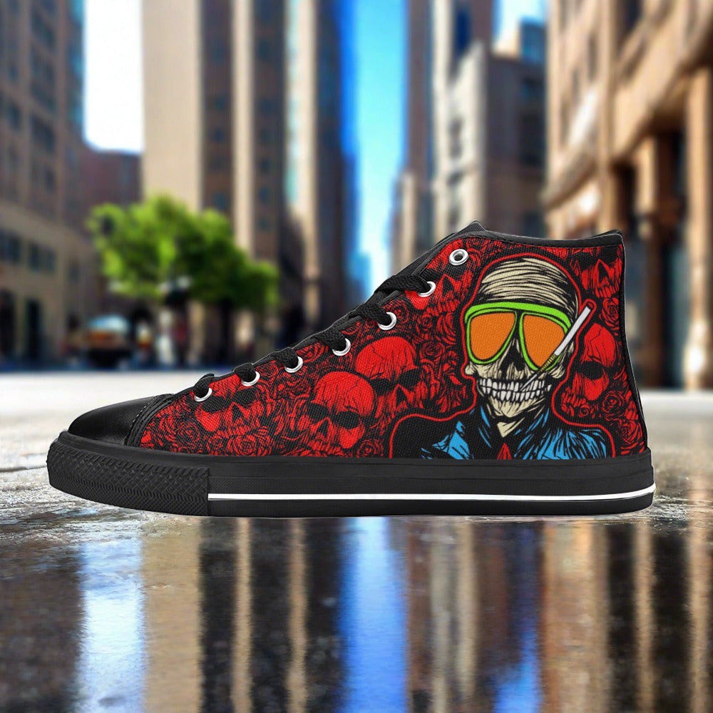 Women's Skull Red custom high-top canvas shoes — wearable art by Freaky Shoes