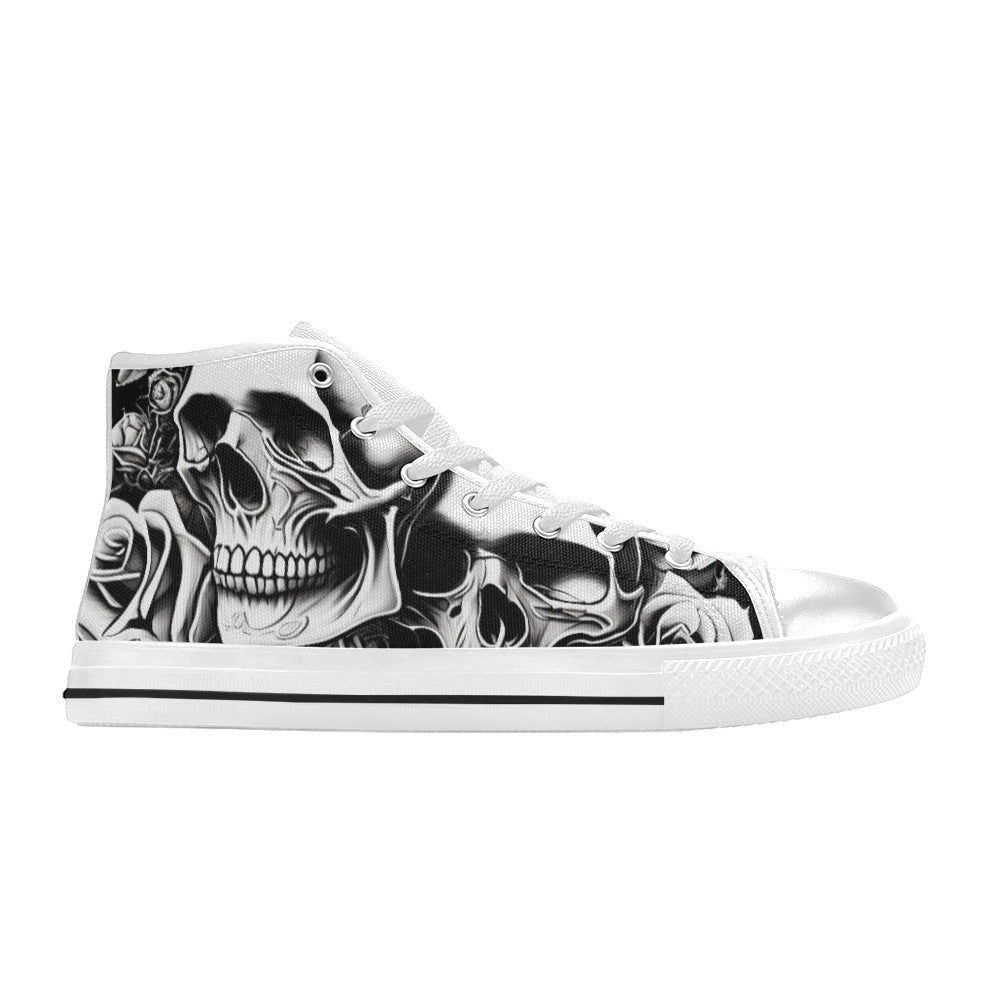 Freaky Shoes custom art sneakers with black and white skull and rose design, made to order