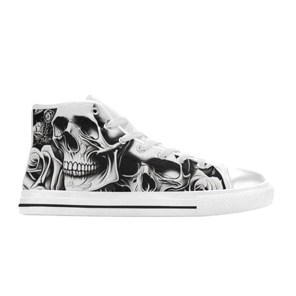 Freaky Shoes custom art sneakers with black and white skull and rose design, made to order