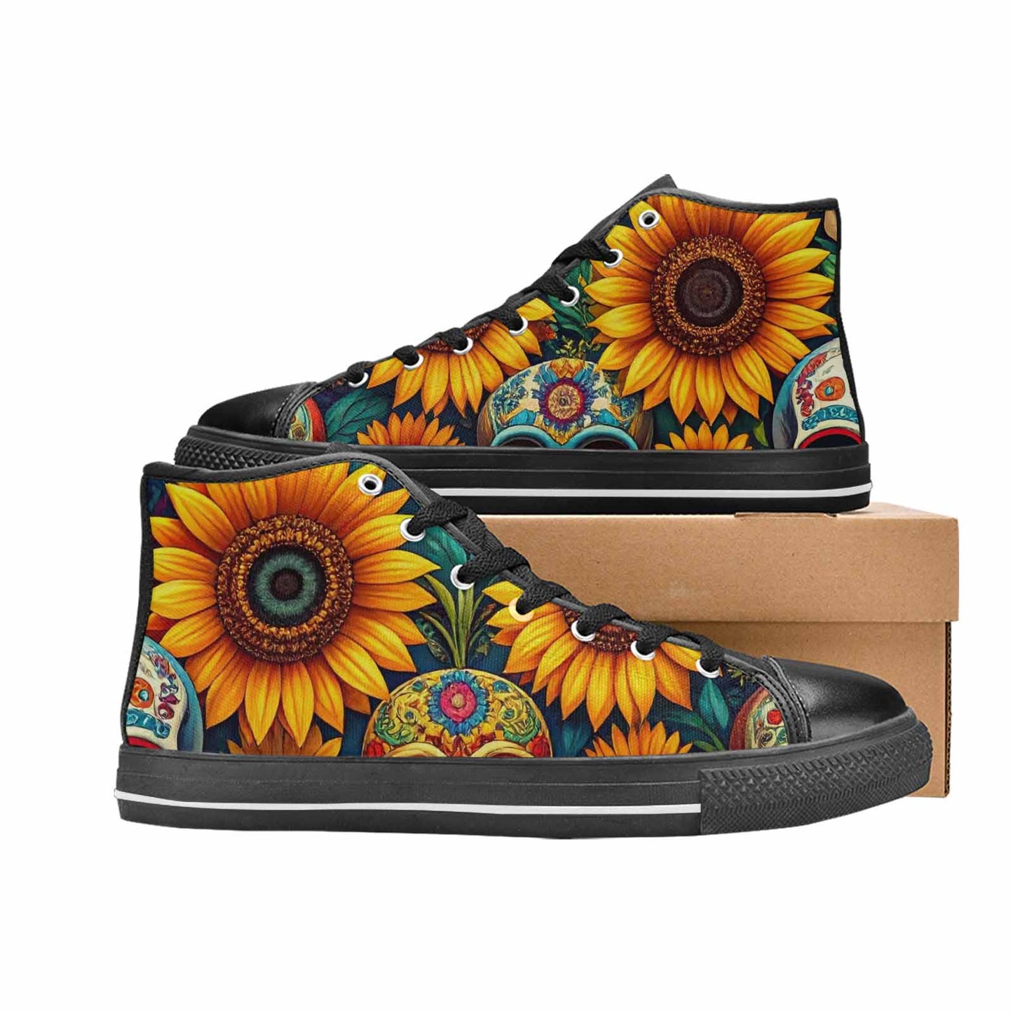 MEN'S Sunflower Skulls Print High Top Canvas Vibrant Chaos Shoes