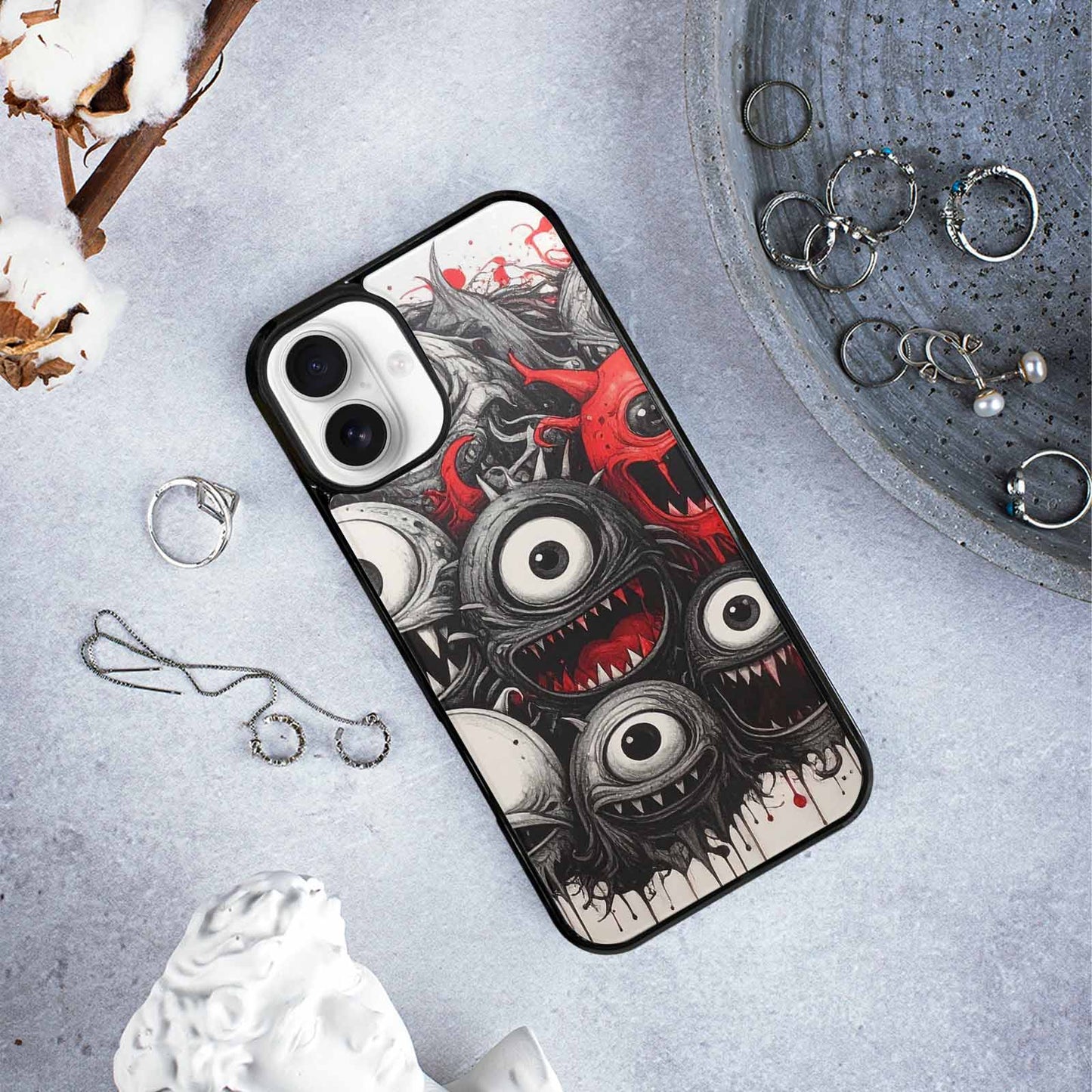 iPhone 16 Plus Case — Multi Eye Monster Black Red Ink, Custom Art Phone Cover