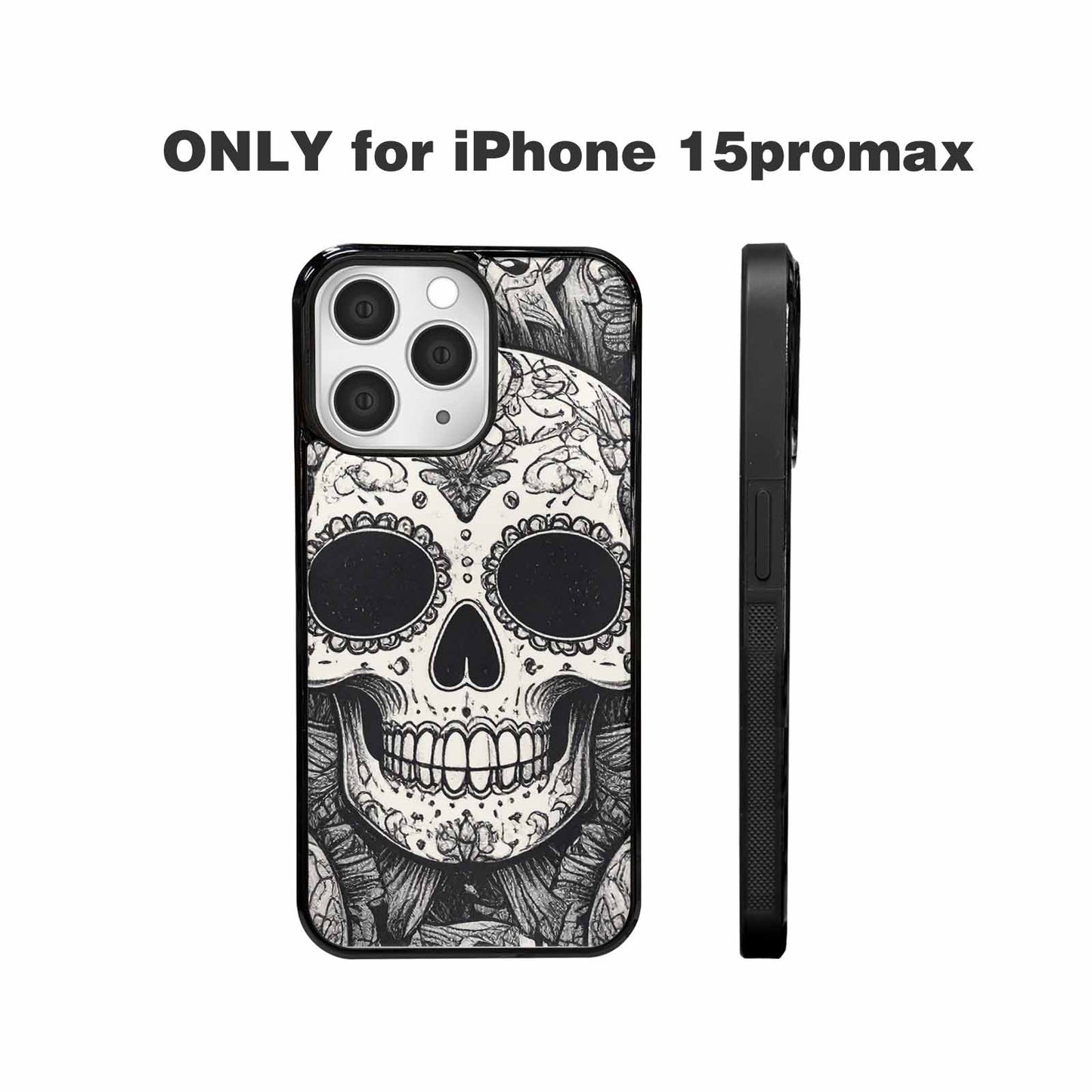 iPhone 15 Pro Max Case — Intricately Detailed Sugar Skulls In Black, Custom Printed Phone Case