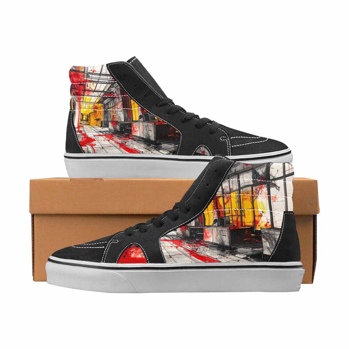 WOMEN'S Liminal Black & Red Ink High Top Canvas Streetwear Grunge Custom Art Shoes