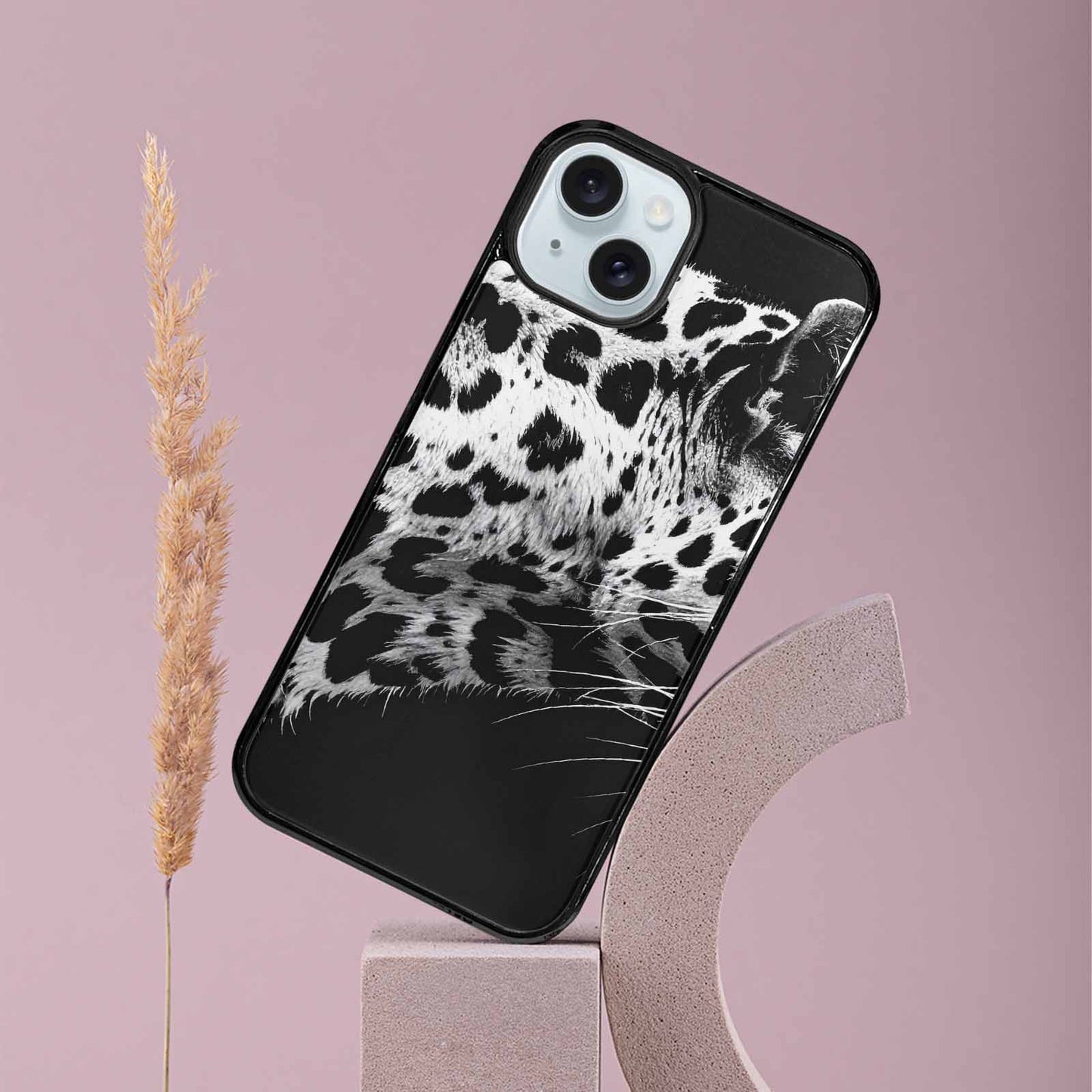 iPhone 15 Plus Case — Leopard Print Black And White Style, Custom Art Phone Cover