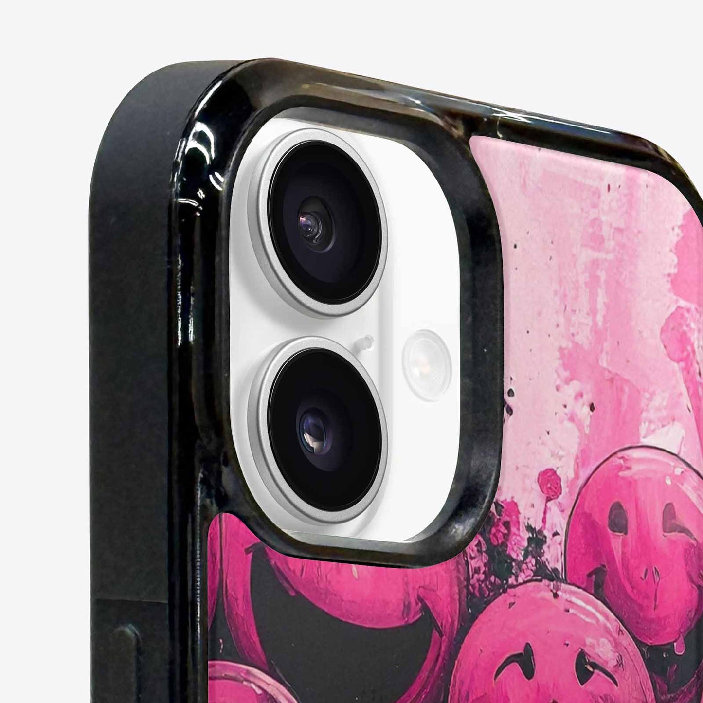 iPhone 16 Case — Melting Moon Smiley Black Pink Ink, Unique Phone Case Design