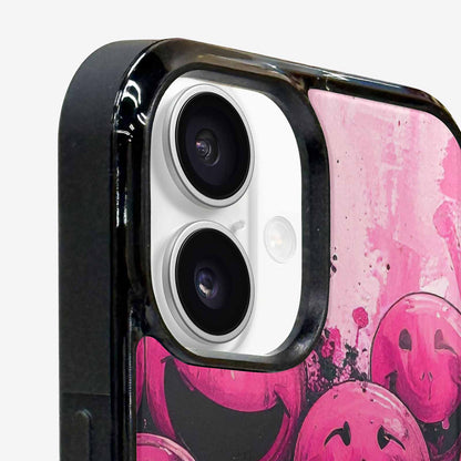 iPhone 16 Case — Melting Moon Smiley Black Pink Ink, Unique Phone Case Design