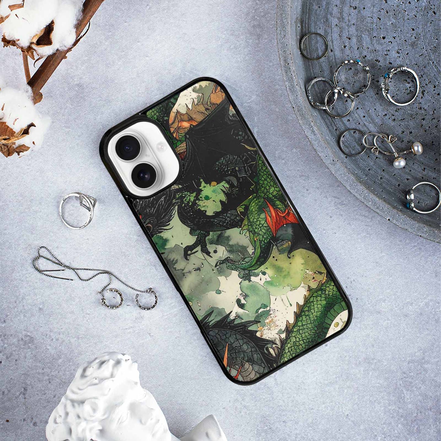 iPhone 16 Plus Case — Dragon Scale Black Green Ink Dragons, Custom Print Case Cover