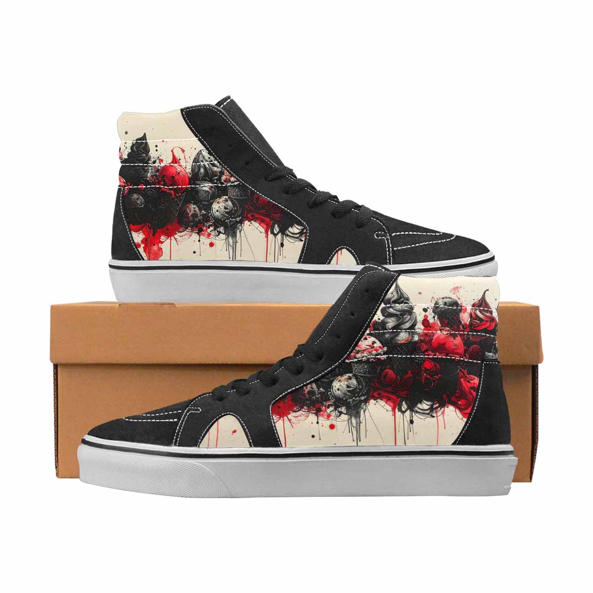 WOMEN'S Ice Cream Black & Red Ink High Top Canvas Wearable Art Grunge Custom Shoes