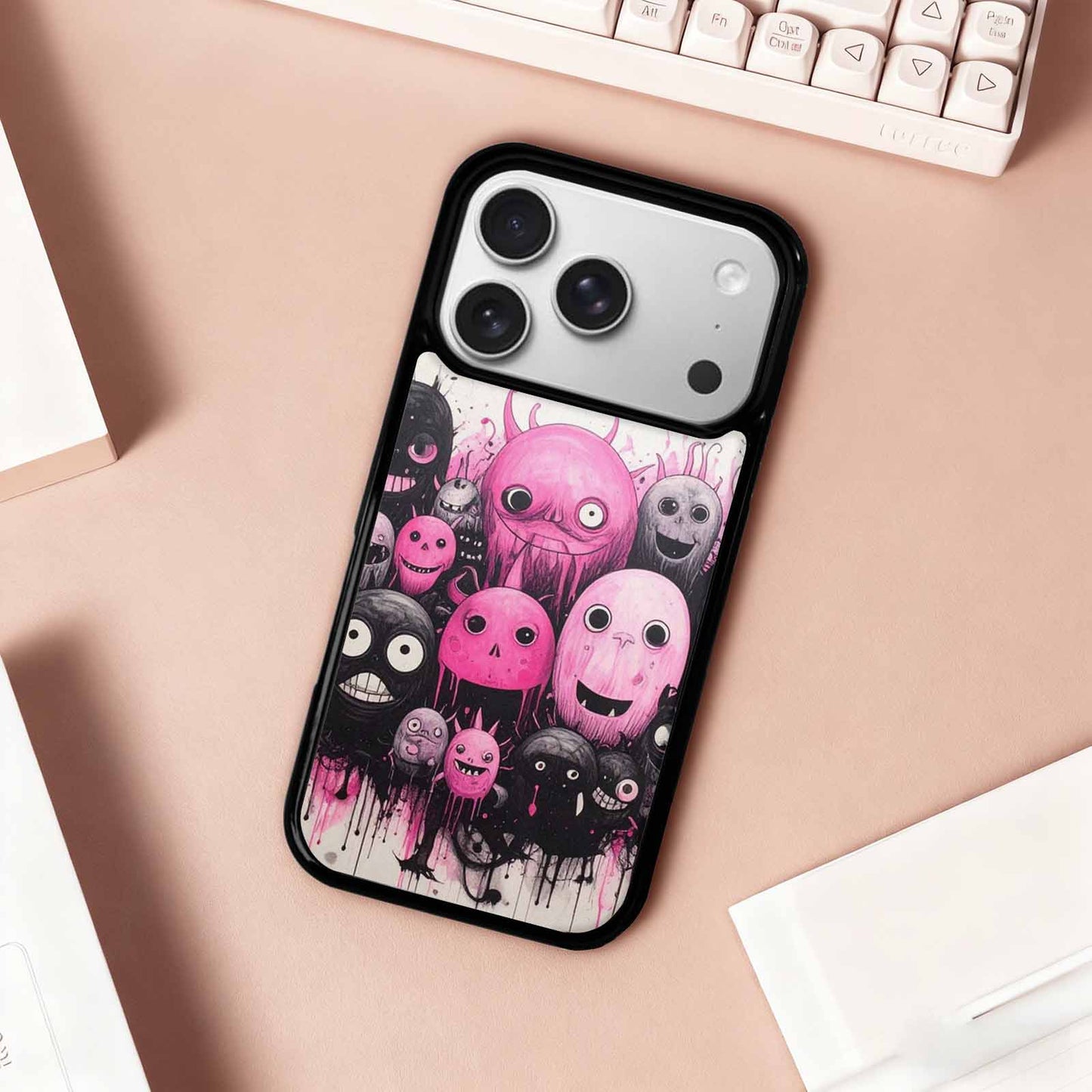 iPhone 17 Pro Case — Black Pink Ink Monsters General Cartoon, Custom Printed Phone Case