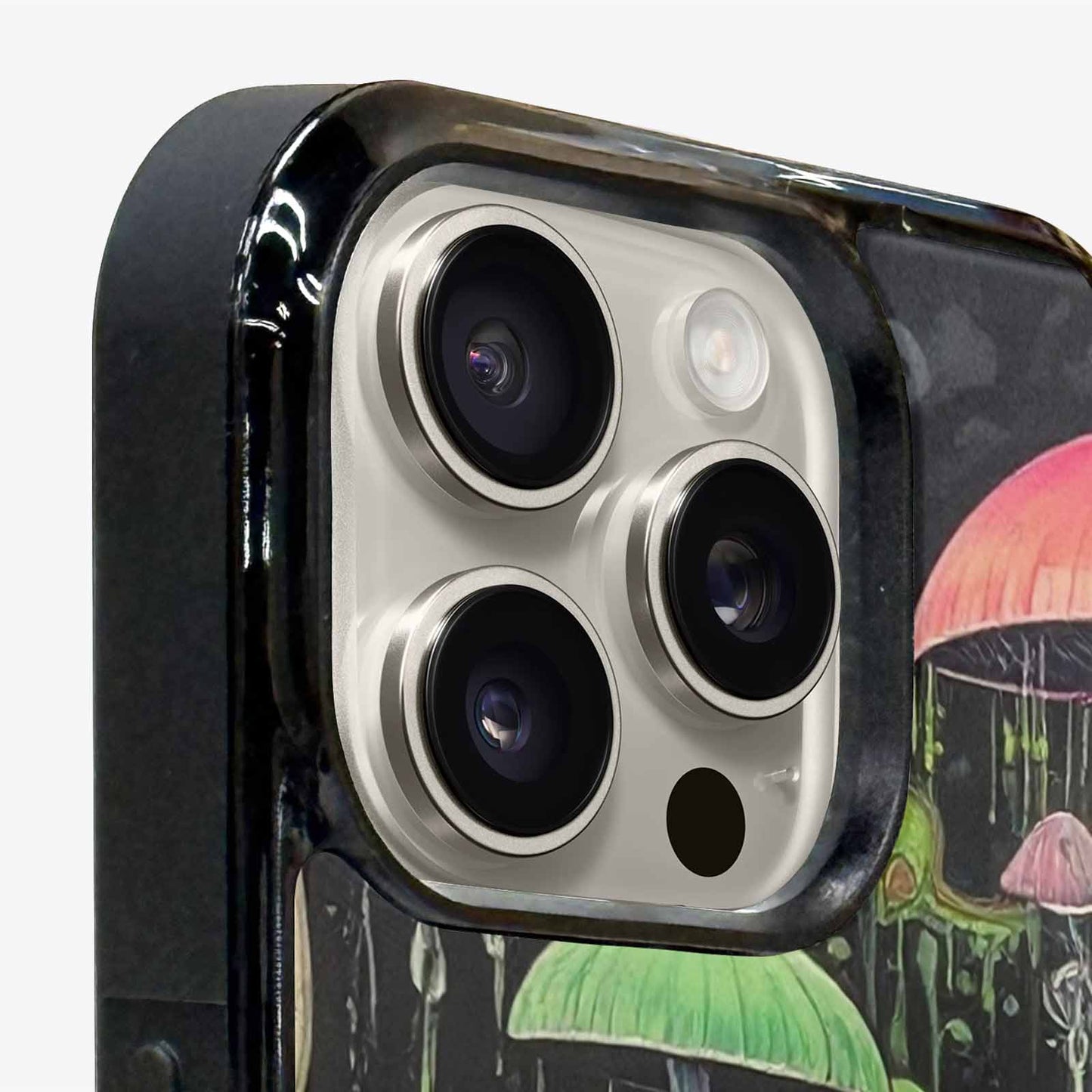 iPhone 15 Pro Max Case — Rainbow Drip Mushrooms Black Green Ink, Unique Phone Case Design