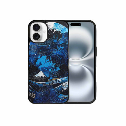 iPhone 16 Plus Case — Nautical Wave Black Blue Ink Wave, Unique Phone Case Design