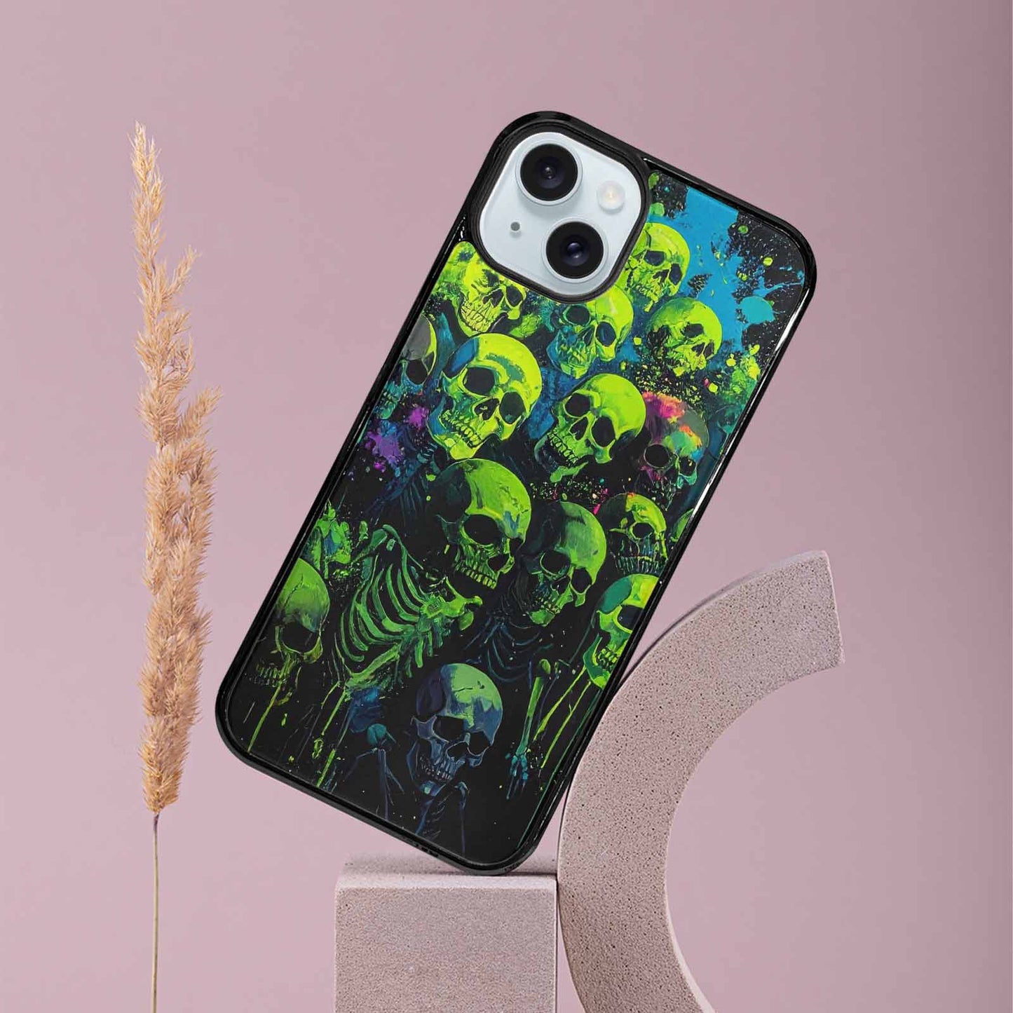 iPhone 15 Plus Case — Skeletons Neon Green Glow Skeletons Pattern, Custom Art Phone Cover
