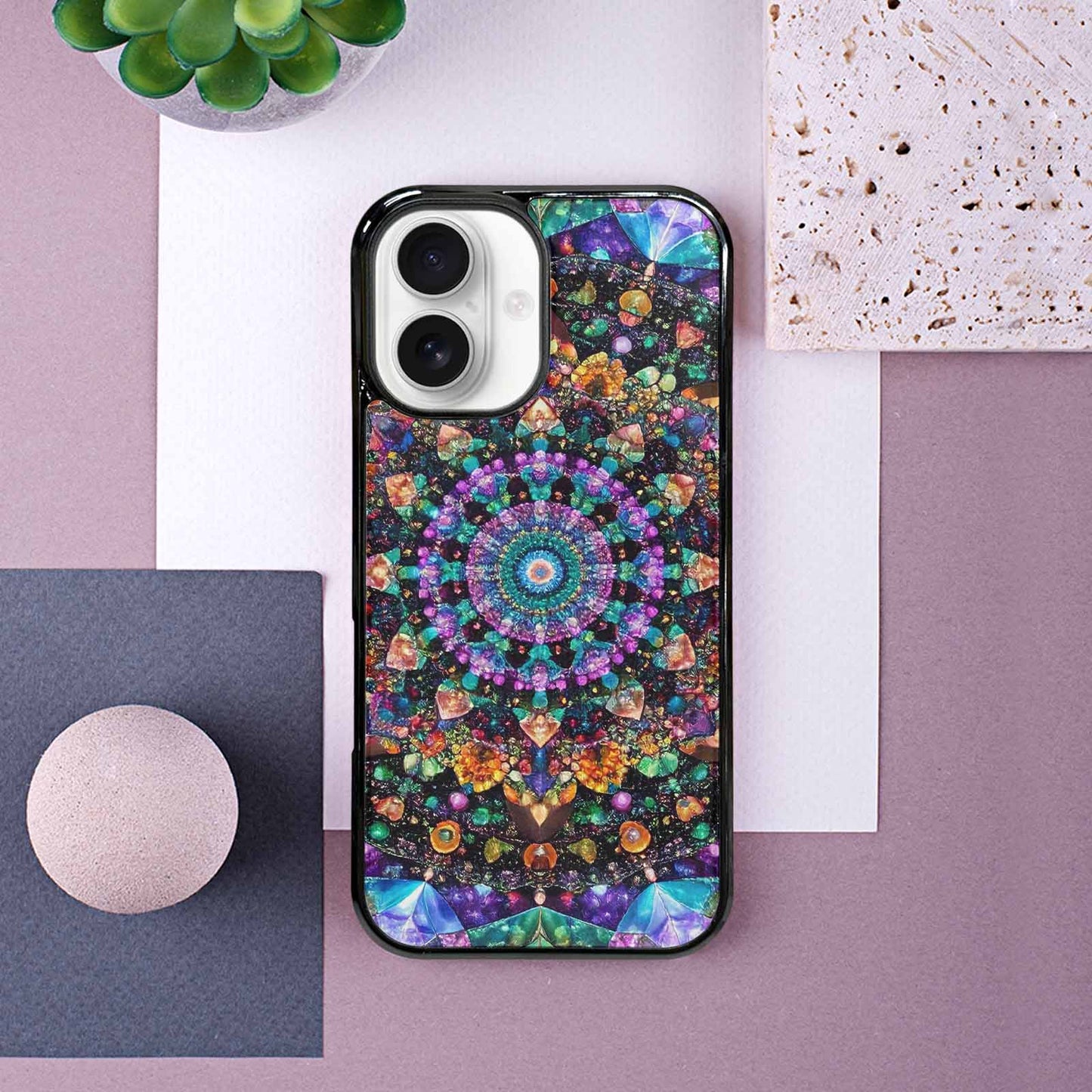 iPhone 16 Case — Crystal Mandala Art Seamless Pattern Vibrant, Custom Art Phone Cover